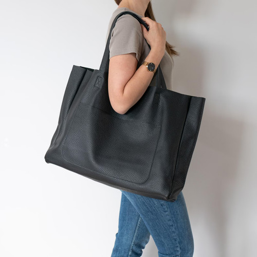 Genuine black leather tote - leather, bag