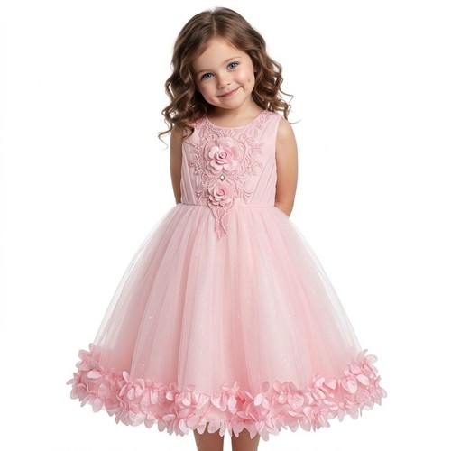 Girls pink party dress - dress, floral