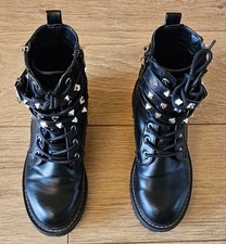 Womens New Look Silver Studded Chunky Black Ankle Biker Boots Size UK 4 EUR 37