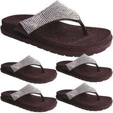 SLIP ON WOMENS LADIES LOW WEDGE COMFORT DIAMANTE FLIP FLOP SANDALS TOE POST SIZE