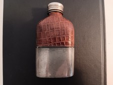 Small Antique Glass / Crocodile Leather / Pewter Hip Flask with detachable cup