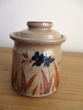 Studio Pottery Jam Pot Honey Bee & Flowers Marked with a Castle Brown 10 cm tall