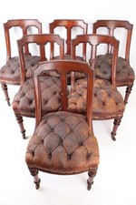 Set 6 Victorian Buttoned Leather Dining Chairs - Antique Balloon Back Chairs