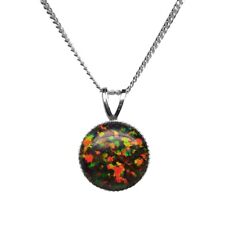 10mm ROUND LAB CREATED BLACK OPAL CABOCHON 925 STERLING SILVER PENDANT CHAIN
