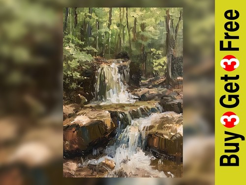 Impasto forest waterfall oil - forest,