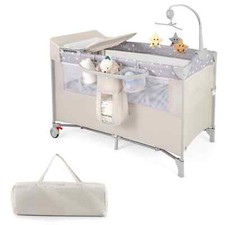 COSTWAY 5-in-1 Portable Pack and Play Foldable Baby Nursery Center-Beige