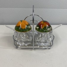 Vintage Lucite Acrylic Jam & Marmalade Pots & Spoons on Crome Napkin Holder@I  