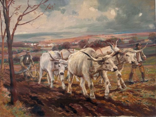 Hungarian landscape oil oxen - landscape,