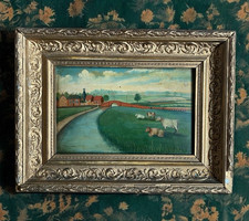 Antique Naive Folk Art Oil Painting Landscape Cows