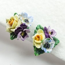 Vtg 1950s English Bone China Flower Clip-On Earrings Painted Floral Rose Posy