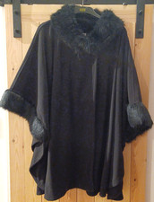 Marks & Spencer Black Cape/ Poncho/ Coat, Fur Trim Neck and Cuffs,  One Size