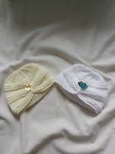 New 2 Small New born baby girl hand knitted hats 1 White 1 Lemon Turban Style