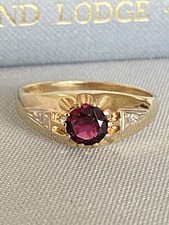 Gents 9ct Gold & Garnet & Diamond Gypsy Ring, Size T, Hallmarked & DIA Stamp