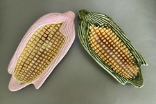 VTG Set 6 Olfaire Majolica Corn On The Cob Serving Dishes Portugal Pink & Green
