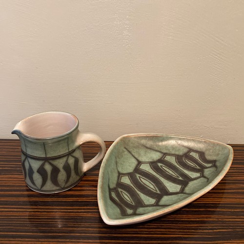 Pottery jug and plate green - and,