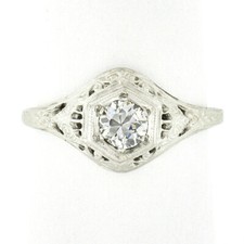 Antique Art Deco 14k Gold European Diamond Solitaire Filigree Engagement Ring