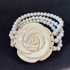  Ivory triple strand bead Bracelet - decorative flower Elastic vintage acrylic