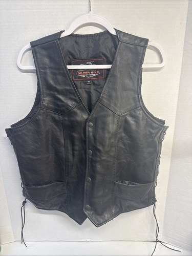 Silver bike black leather vest - silver,