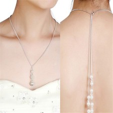 Bride Crystal Pearl Pendant Necklace Backless Long Pearls Backdrop Necklace 