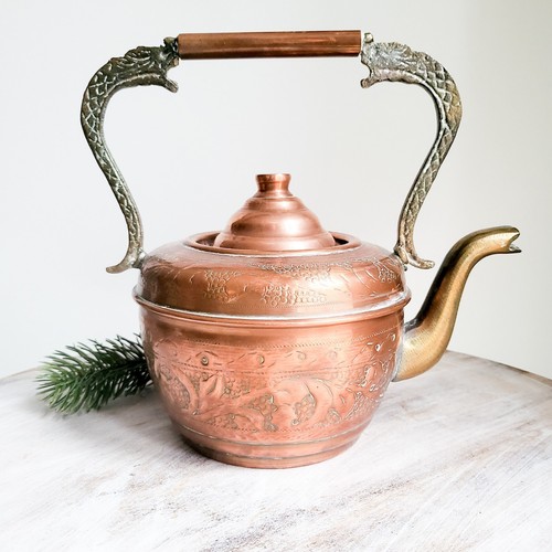 Vintage copper teapot tooled - teapot,