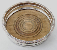 Wine Bottle Coaster Silver Plated Rope Twist Rim With Turned Wooden Base