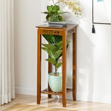 2Tier Square Plant Pot Stand Bamboo Floor-standing Storage Rack Retro Home Decor