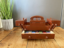 FAB SMALL MINI EXPANDABLE SEWING BOX KIT & CONTENTS VINTAGE HAT PINS THREAD ETC
