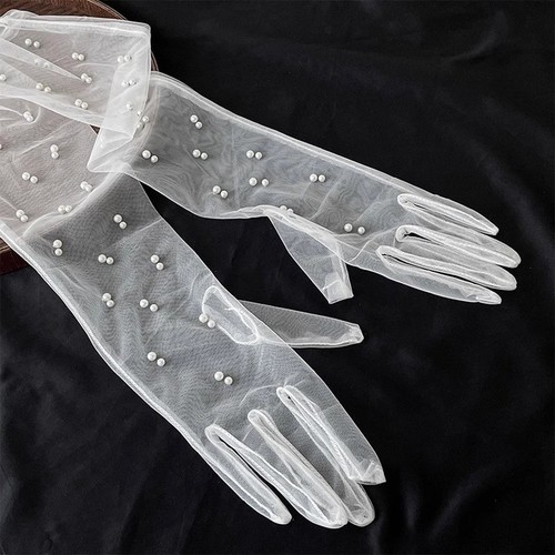 Long pearl adorned tulle - long, pearl-adorned