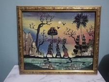 Batik Indonesian Hand Painted Cloth Framed Wall Hanging Art