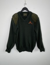 Niffi Mens Green Wool Jumper Hunting Shooting Sweater Pullover Suede Patches M