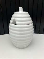 White Ceramic Lidded Honey Pot, In Hive Design,