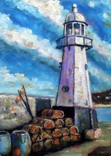 Lobster Pot Lighthouse : Original Marine Oil Painting by Kevin Corroue 8" X 12"