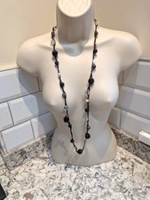 Long Black Cord Necklace with Faceted Beads, Pearls & Metallic Accents 97cm