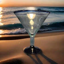 7-1/4”Mexican Vtg Hand Blown Glass Cobalt Blue Rim & Base GIANT Martini Glass