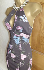 KAREN MILLEN ❤️ BROWN FLORAL ORIENTAL HALTER WIGGLE DRESS SIZE 10 12 PARTY
