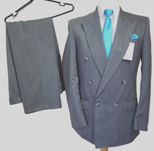 Vintage Grey Herringbone mens Double Breasted Suit 38"R W32” L29.5” by Pinstripe