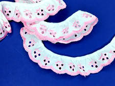 White and Pink Gathered Polycotton Broderie Lace Trim 1.25"/3cm PER METRE