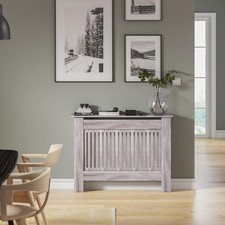 Radiator Cover Grey Modern MDF Vertical Slats Wooden Top Cabinet for Living Room