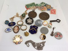 Junk Drawer Job Lot - Badges Coins  Medals Jewellery etc - Includes Silver