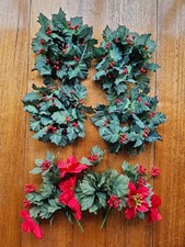 Vintage Christmas holly candle rings x 4 and Holly Poinsetta flower stems x 3