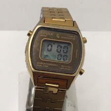 Vintage Citizen Chronograph Quartz Lcd Gold Tone Mens Watch New Battery!