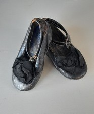 Antique Victorian Edwardian Childs Black Leather Ankle Strap Silk Bow Shoes