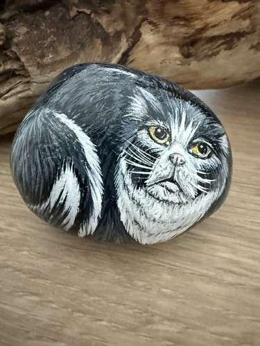 Cat painted pebble - unique, rock