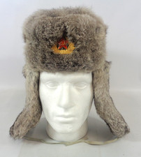 Russian USSR Fur Hat Ushanka Grey with Ear Flaps Soviet Army Badge Size Large