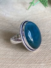 Dark Green Agate Ring Size T Sterling Silver 925 Plate Bohemian Vintage Style