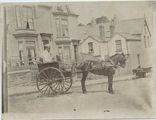 Man Horse Drawn Cart Trap Boater Hat Victorian Street Scene UK c1900s VTG Photo