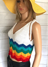 New Hand Knitted Rainbow Cotton Crop Camisole Top Small Multi Zig-Zag Stripes