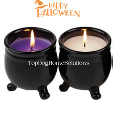 Halloween Cauldron Candle Set 3 Vanilla Ceramic Black Holder Purple White Spells