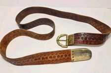 Long Tooled Brown Leather Belt with Brass Buckle and Riveted Horn Tip ~153cm/60"