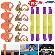 4* HEAVY DUTY RATCHET RECOVERY STRAPS CAR TRAILER TIE DOWN ALLOY WHEEL BELT SET